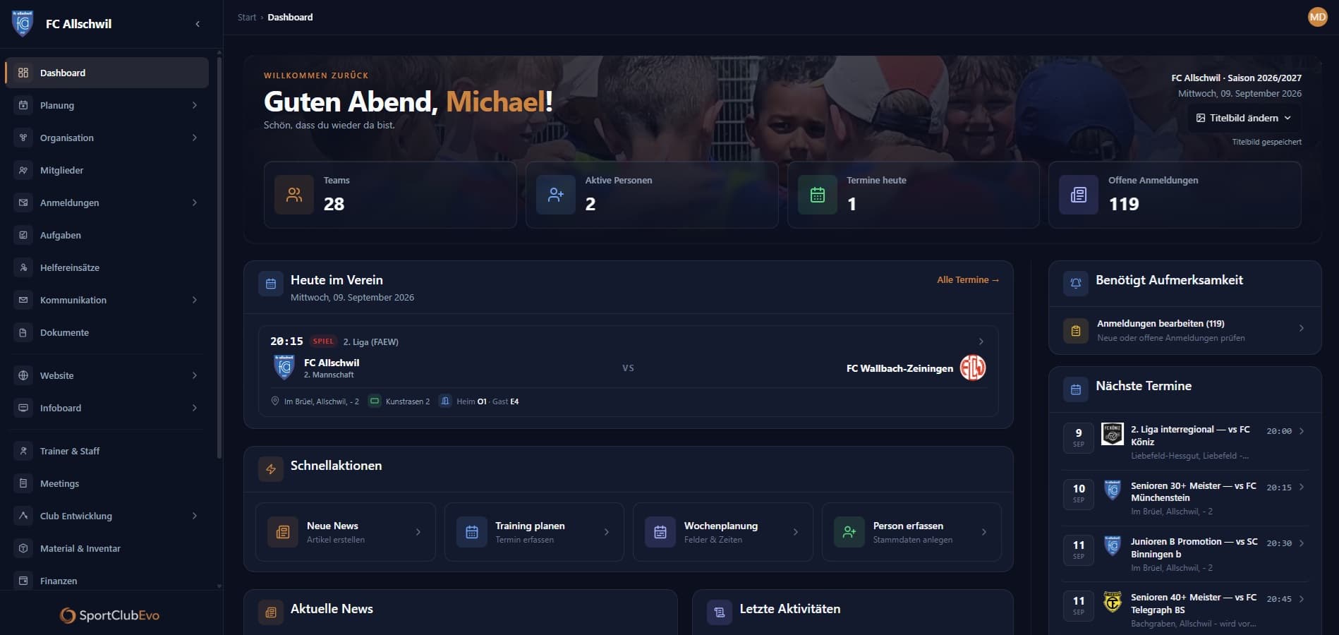 SportClubEvo WebApp dashboard — the club's operational command centre