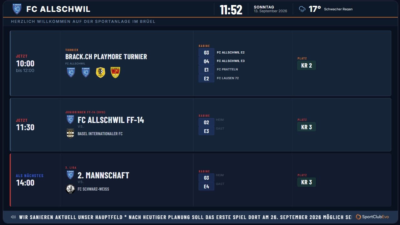 FC Allschwil InfoBoard — matchday overview with fixtures, pitches and dressing rooms