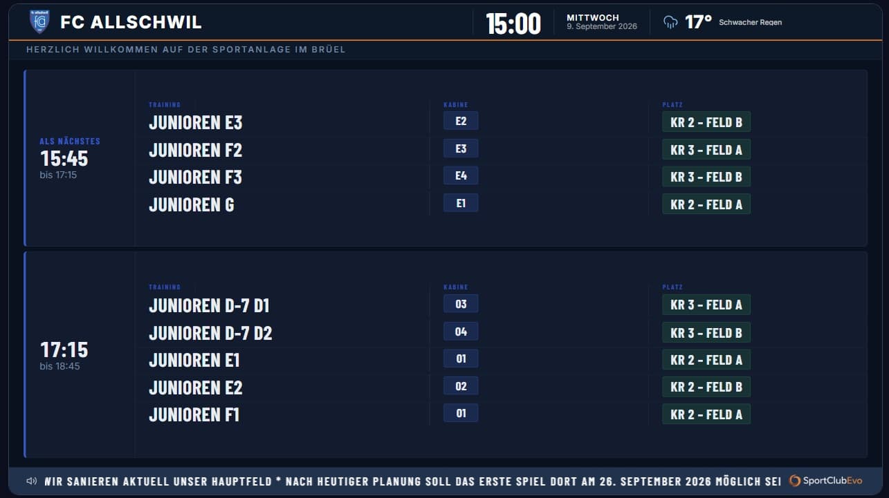 FC Allschwil InfoBoard — venue orientation, public transport and sponsors