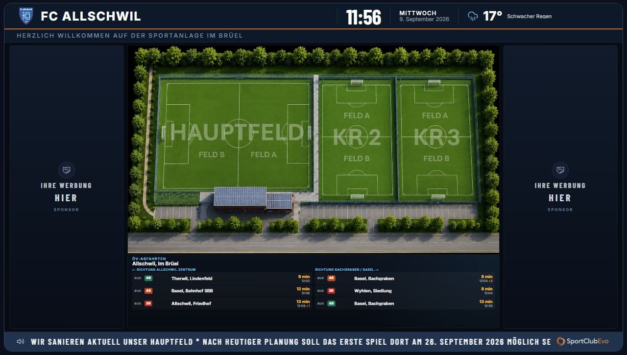FC Allschwil InfoBoard — facility map with public transport departures, sponsors and club news
