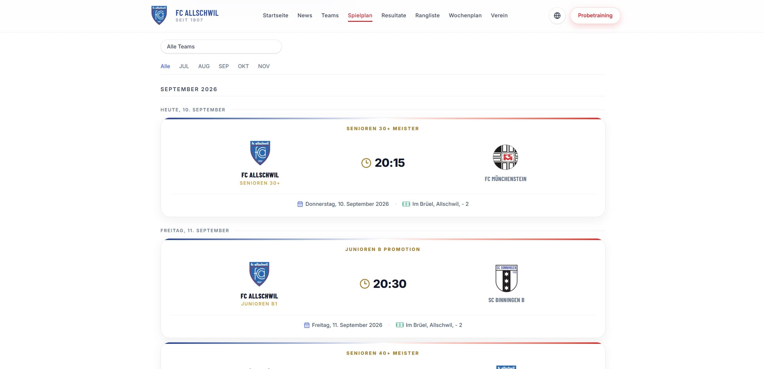 SportClubEvo website — fixtures