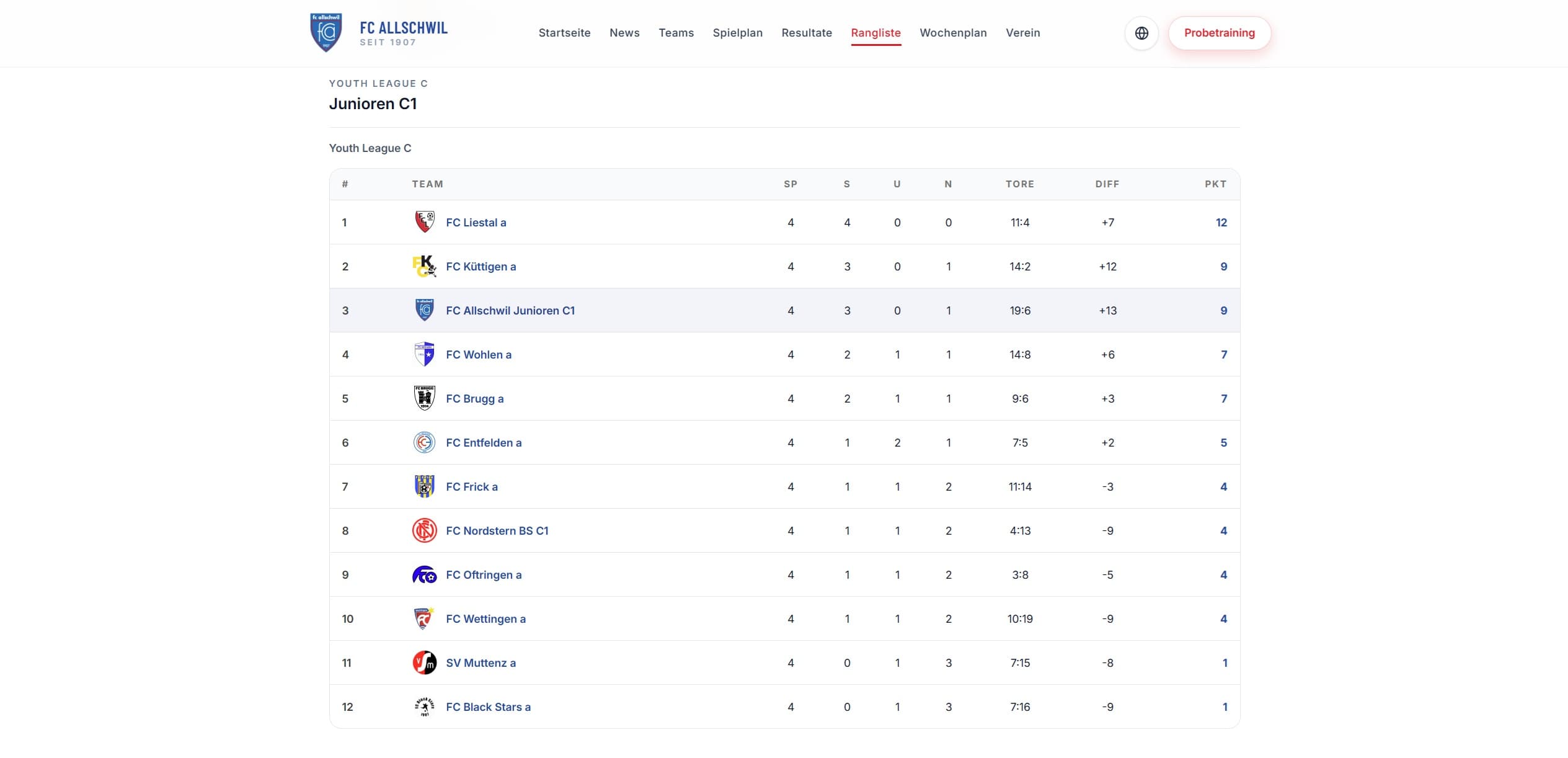SportClubEvo website — standings