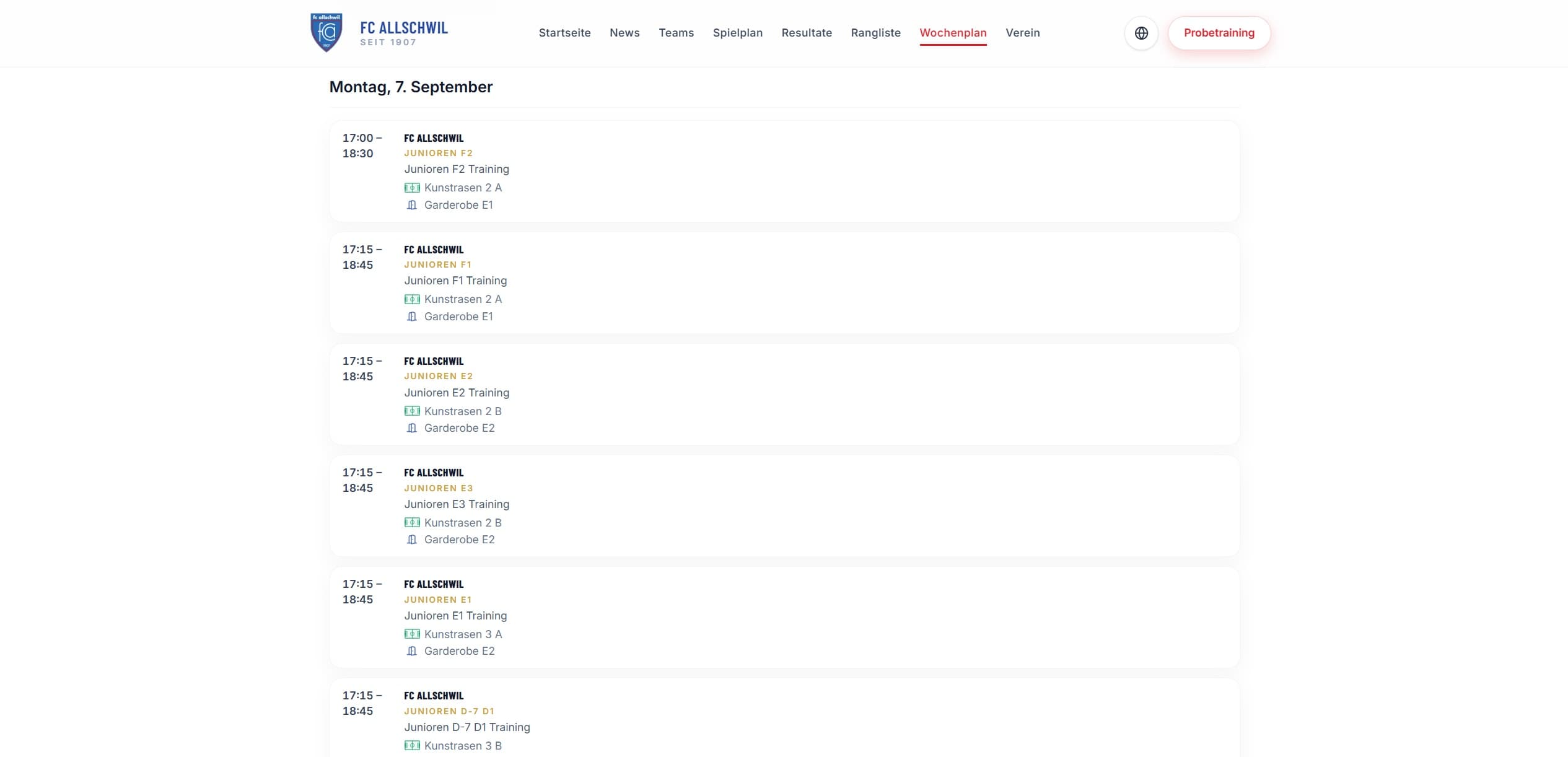 SportClubEvo website — weekly plan